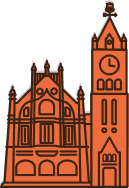 Illustration of a church with a tall clock tower, arched windows, and pointed spires. The building is depicted in a simple, linear, orange design.