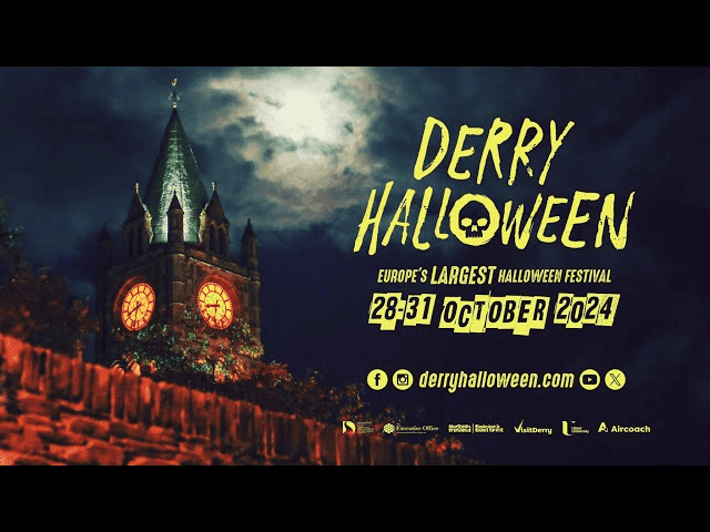 Spooky Derry Halloween festival poster with a clock tower and moonlit sky. Dates: 28-31 October 2024. Europe's largest Halloween festival. Social media icons and website included.
