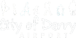 City of Derry Airport logo with icons of people walking, pulling luggage, running, hiking, in a wheelchair, and standing.